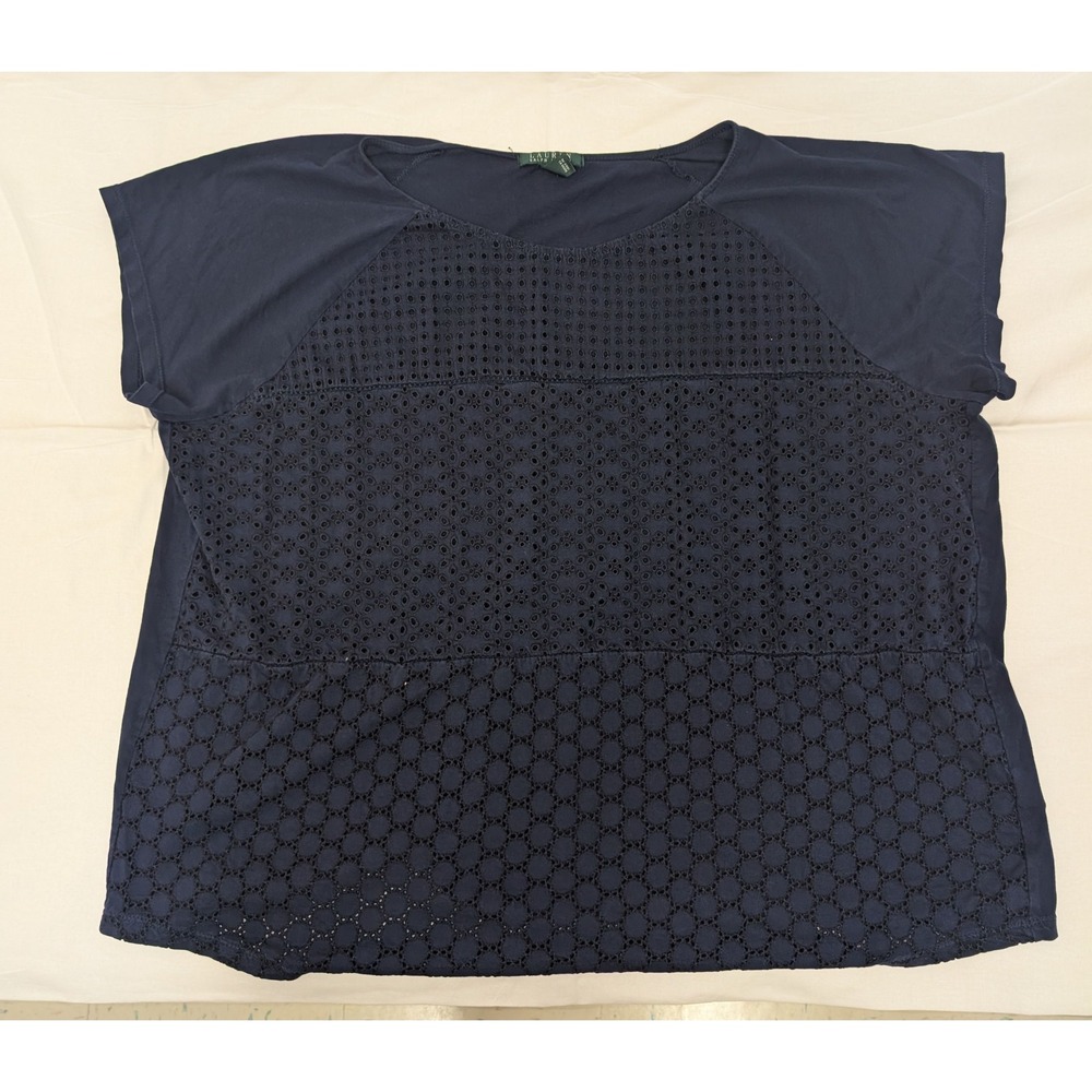 Lauren Ralph Lauren 3X Navy Eyelet Lace Short Sleeve Cotton Top Plus Size
